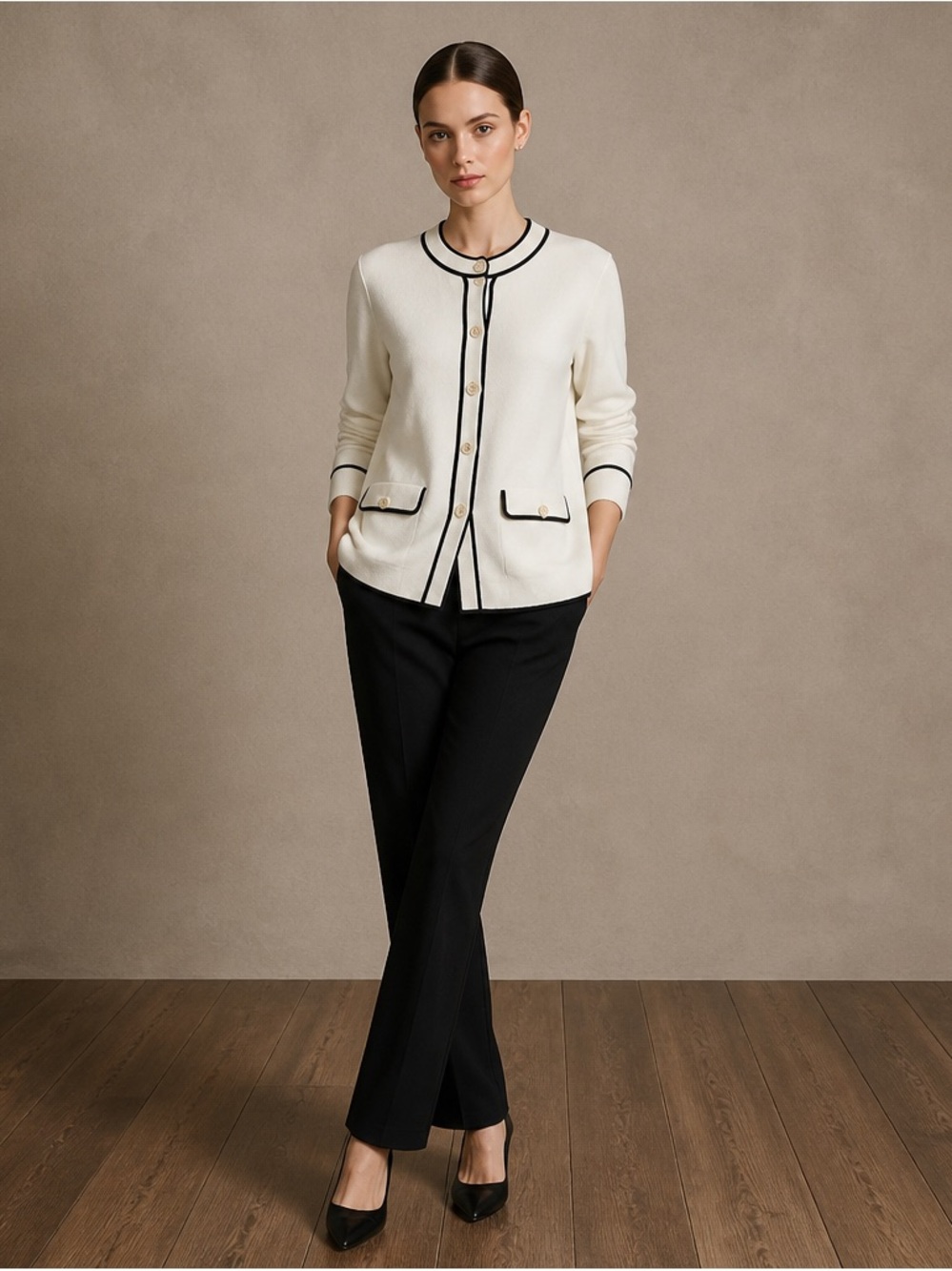 Talbots White Cardigan With Black Trim - Size S